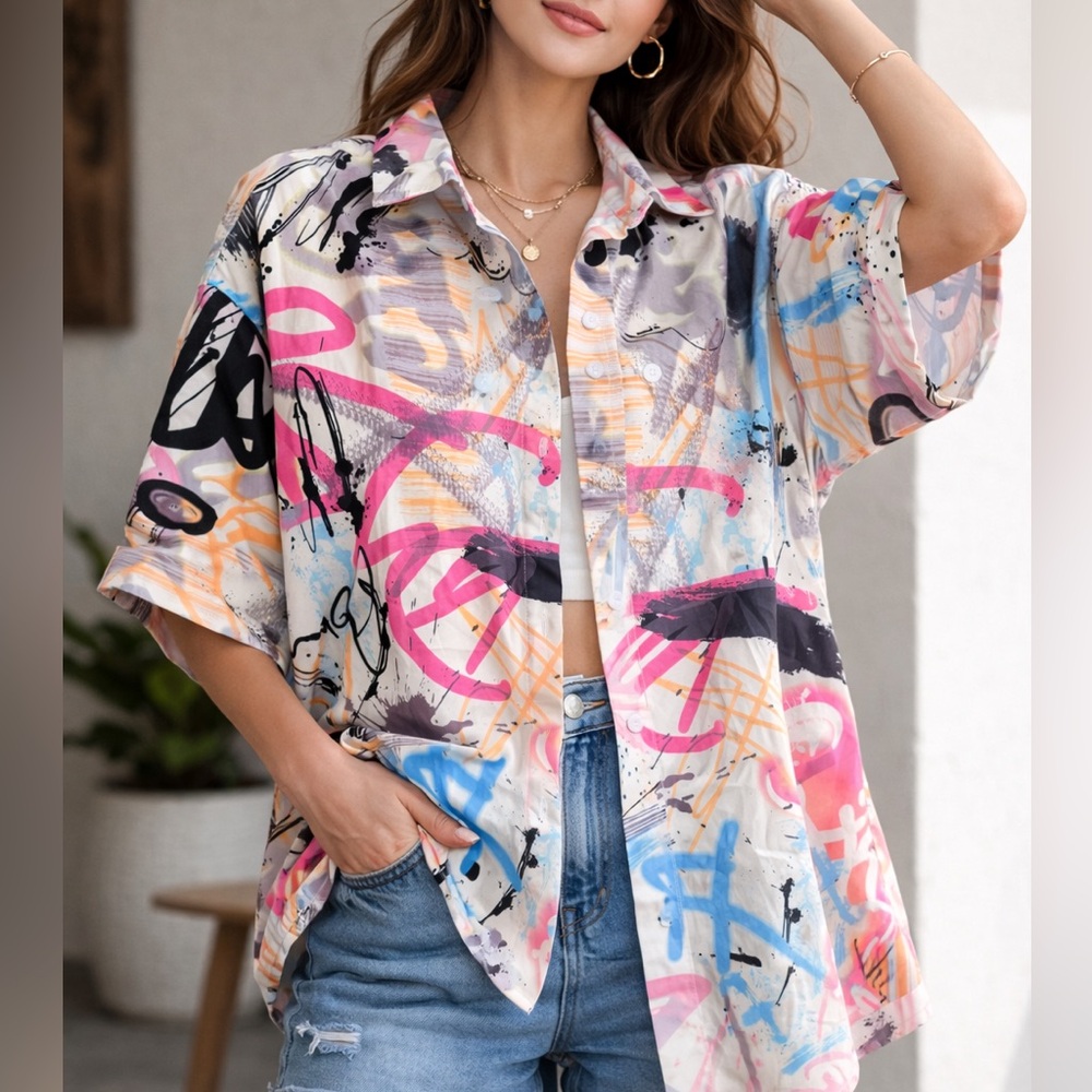 Women’s Abstract Graffiti Print Button-Up Top – Artsy Statement Shirt